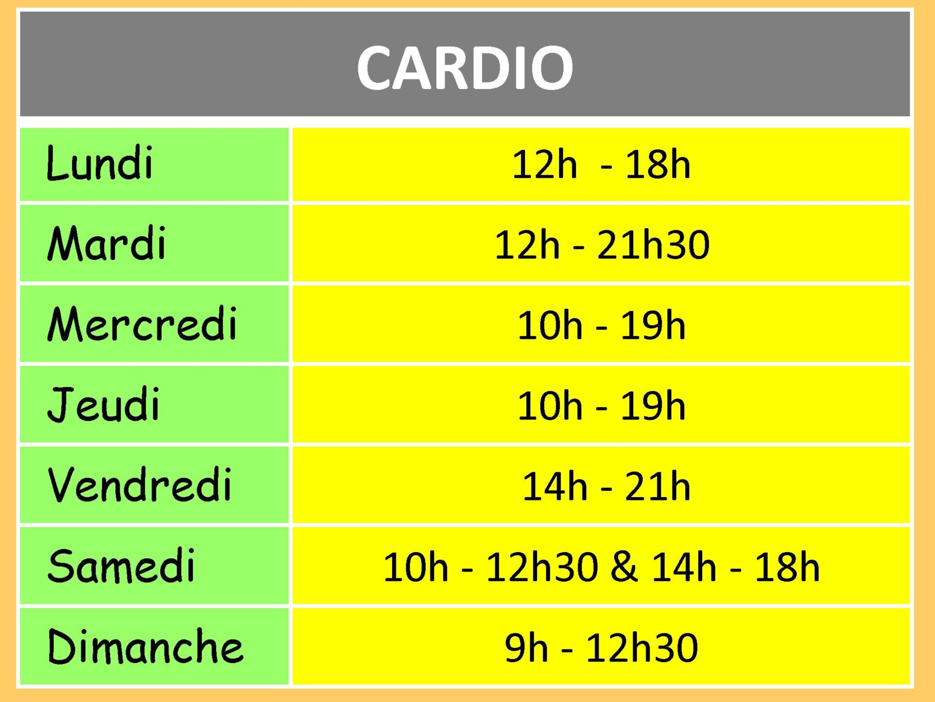 Horaires Cardio vacances